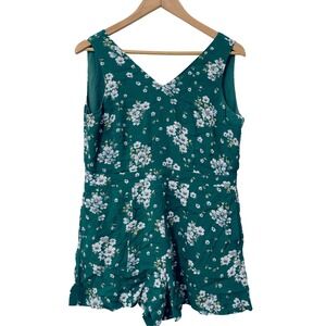 Loft  Floral Romper Green Petite 4P Sleeveless V-Neck Pockets Short 1 Piece